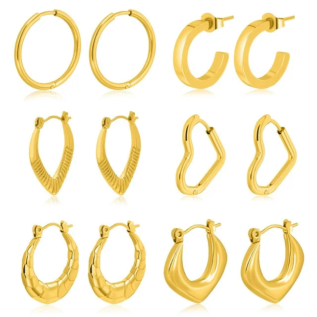 6 Pairs Women Earrings MultiPack Gift Set in Yellow Gold Plating, Multipack Lightweight, Hoop Huggies Twist Huggie Earrings for Daily Office Wear