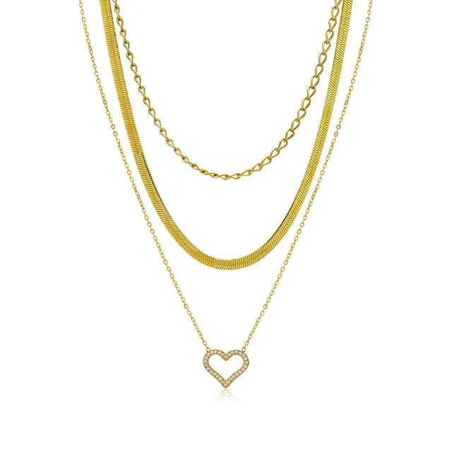 Multipack 3 pc Women Layered Necklace Pendant, Yellow Gold Plating, Gold Chain, Choker Necklace, Herringbone Layered Necklace Jewelry Gift