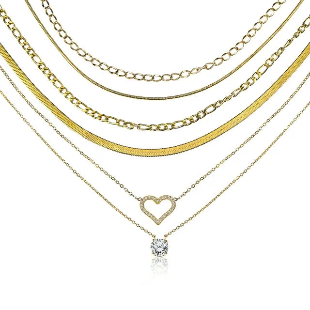 Multipack 6 pc Women Layered Necklace Pendant, Yellow Gold Plating, Gold Chain, Choker Necklace, Herringbone Layered Necklace Jewelry Gift