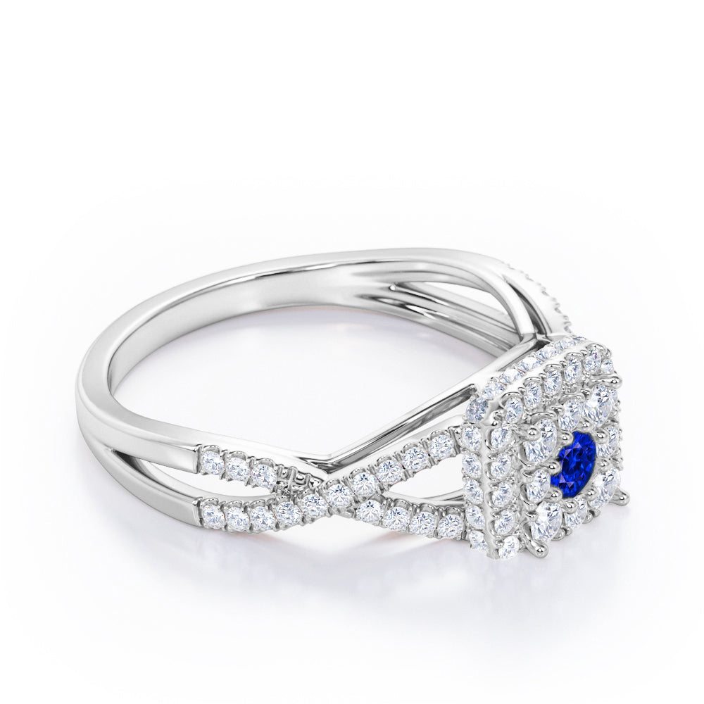 Pave Crossover - 1.25 Carat Round Cut Blue Sapphire and diamond - Flush Cluster Halo Engagement Ring in White Gold