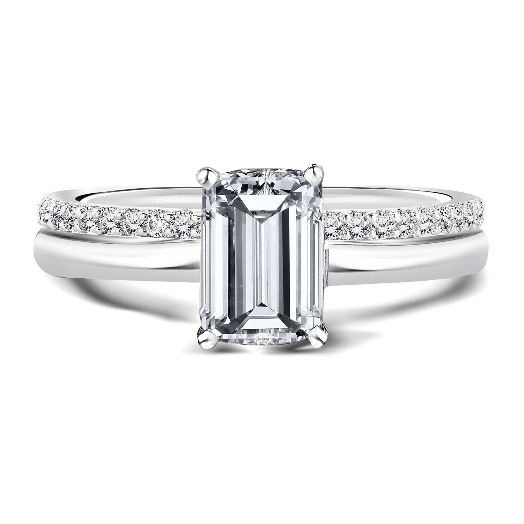 2.25 Carat Emerald Cut Cubic Zirconia Solitaire Wedding Set in 18K White Gold over Brass