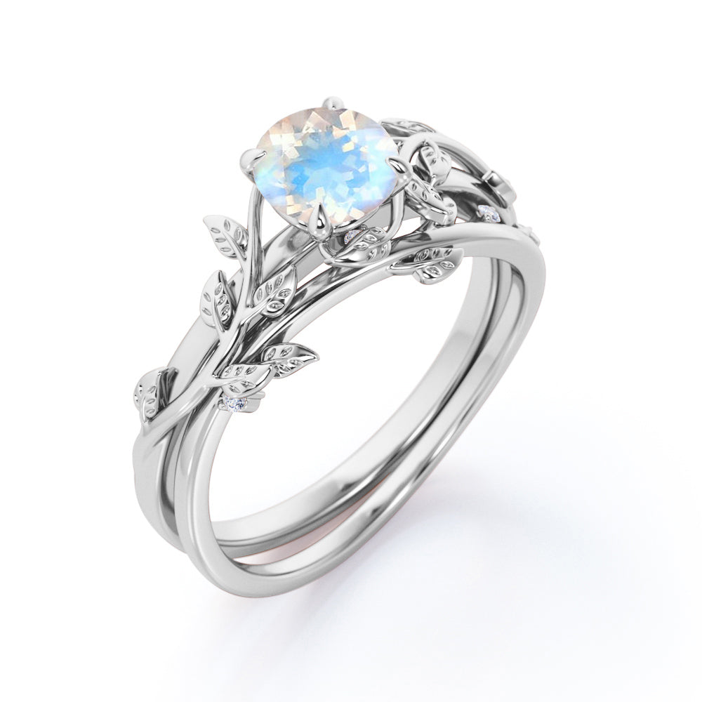 0.50 Carat Round Faceted Blue Moonstone Wedding Set - Intricate Vintage Moonstone Ring - 18k White Gold over Silver