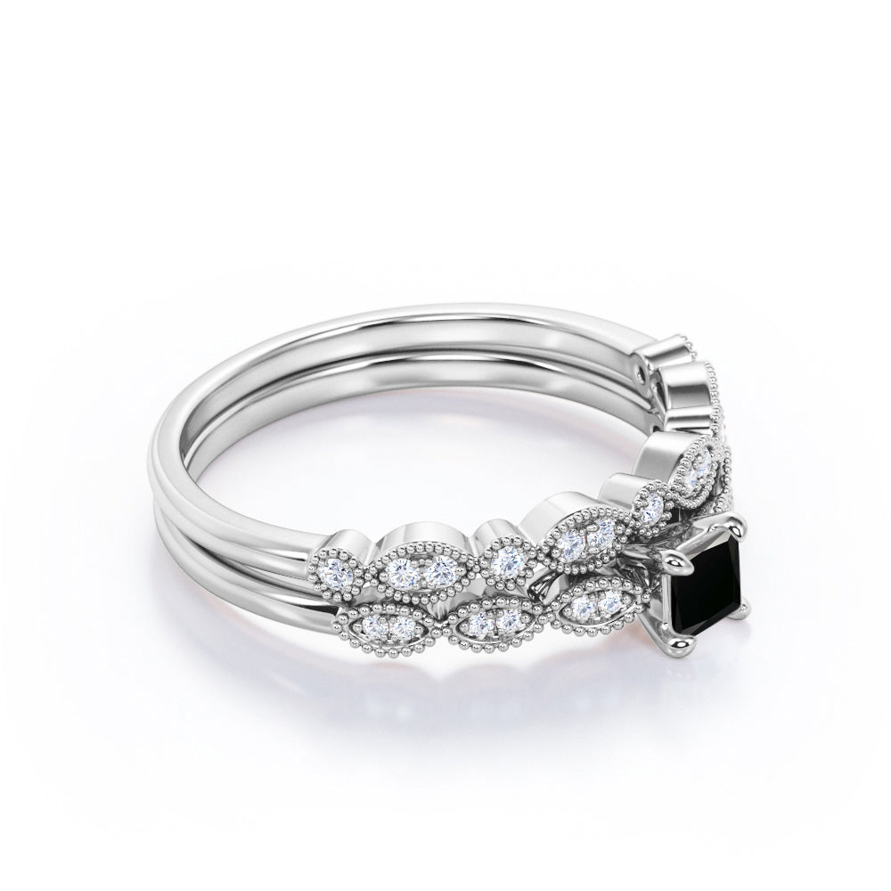 1.25 Carat Princess Cut Lab Grown Black Diamond Antique Wedding Ring In White Gold