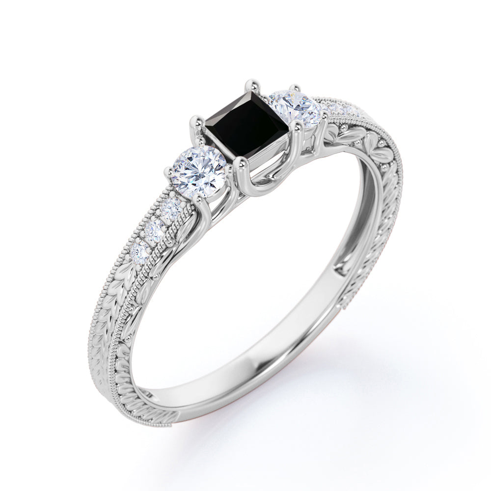 1 carat princess cut Black Diamond vintage milgrain engagement ring in white gold