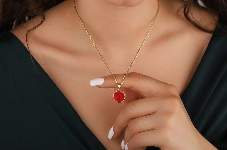 Perfect 1 Carat Round cut Red Turquoise Solitaire Pendant Necklace in 18k Yellow Gold over Silver