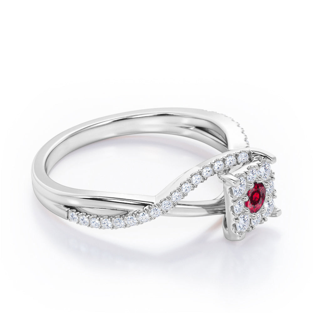 Semi Twisted Infinity 0.9 Carat Round Shape Ruby Square Floral Cluster in White Gold