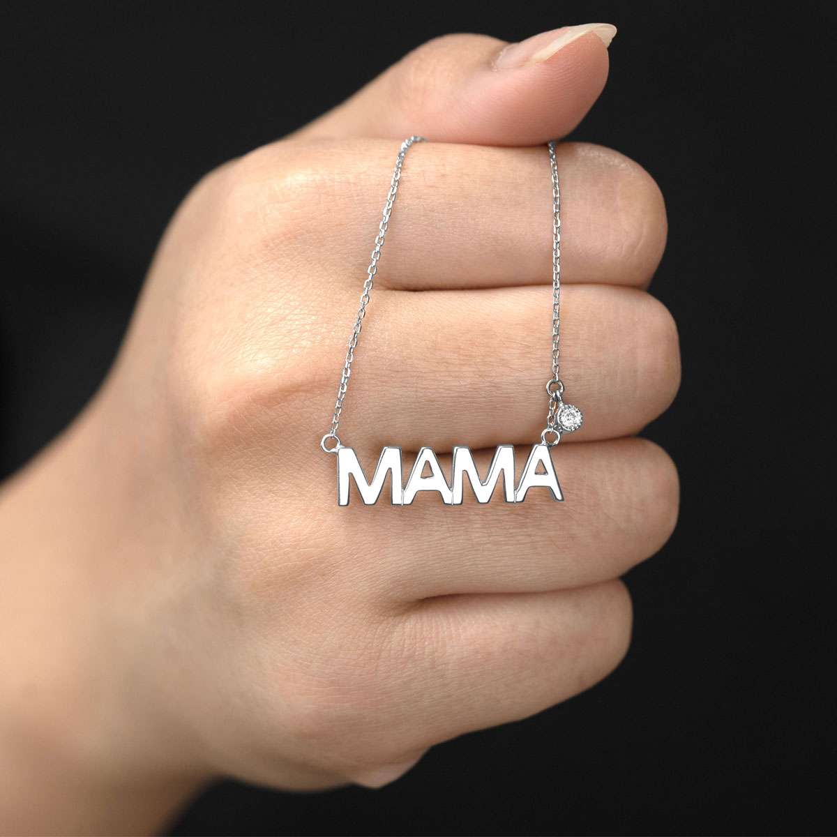 MAMA Diamond Pendant Necklace in 18K White Gold over Silver