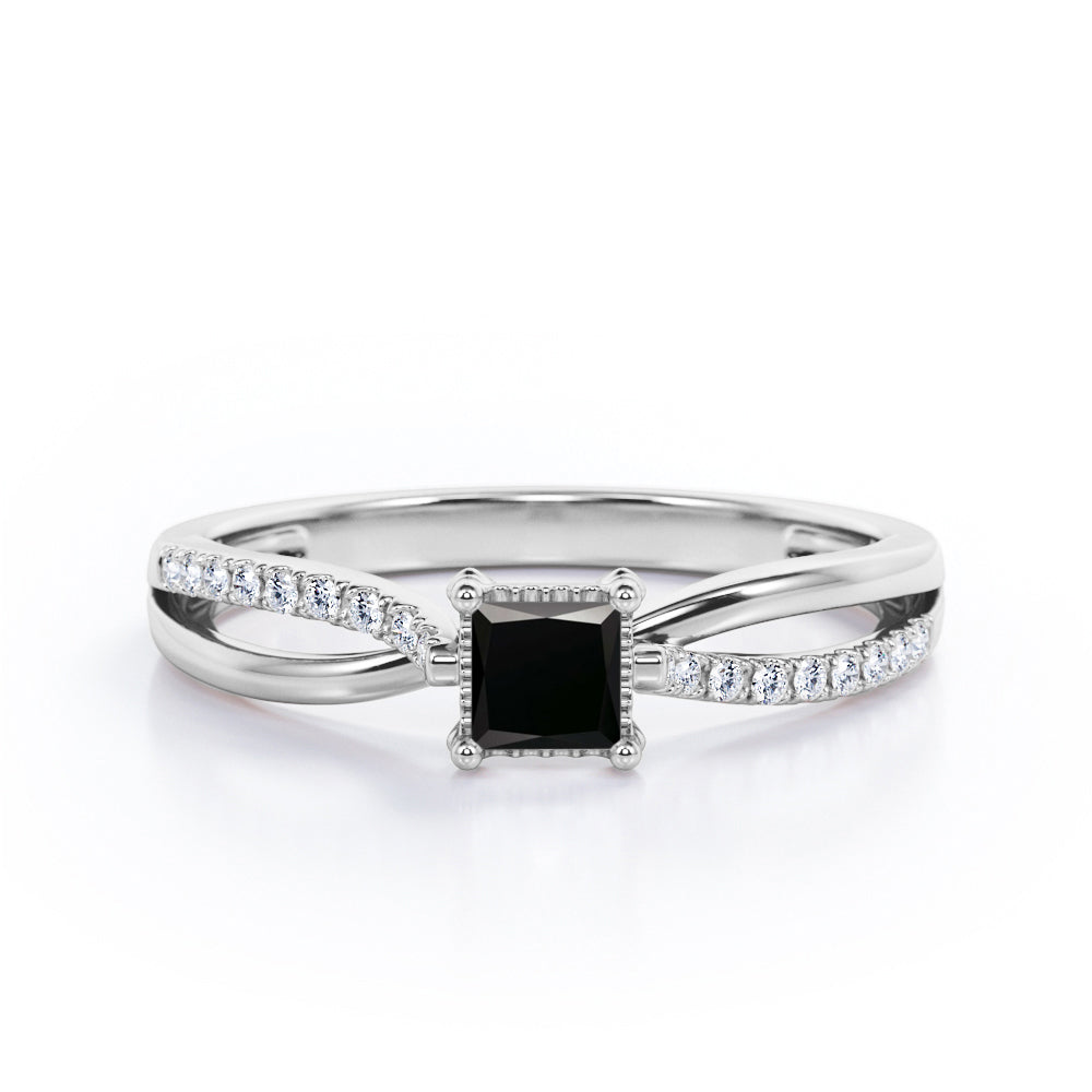 Twisted and Split Pinched Shank 0.65 carat Princess Black Diamonds Elegant Engagement Ring in White Gold