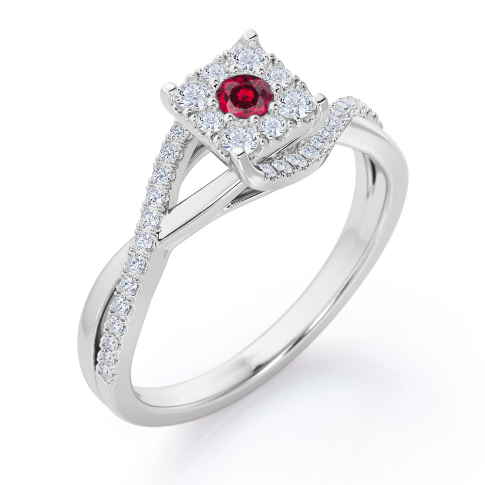 Semi Twisted Infinity 0.9 Carat Round Shape Ruby Square Floral Cluster in White Gold