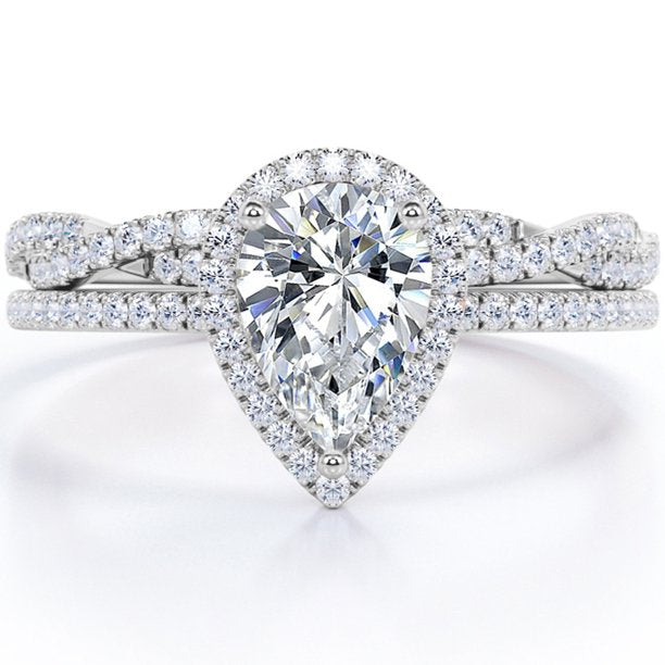 1.25 Carat pear cut Moissanite and Diamond Halo Wedding Ring Set in White Gold