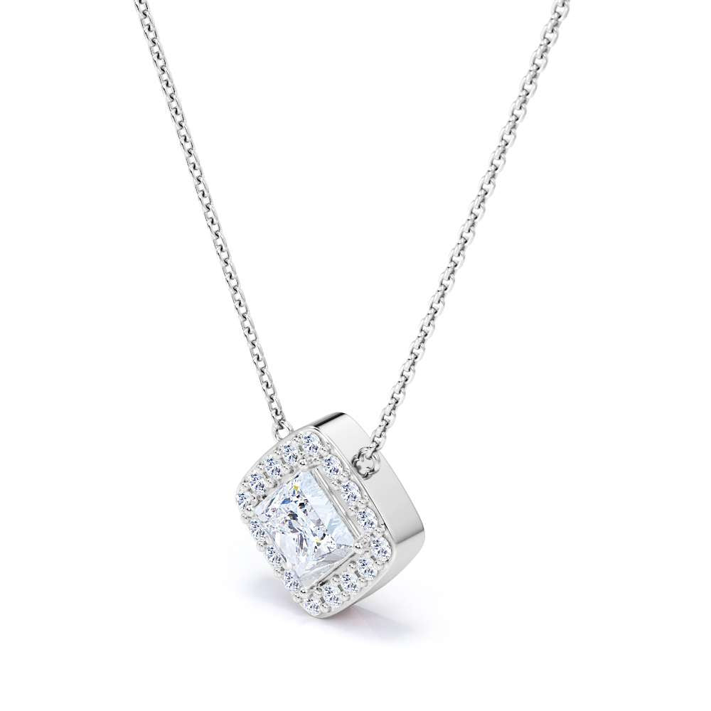 Real Diamond Princess Cut with Moissanite Halo Pendant Necklace in 18K White Gold over Silver