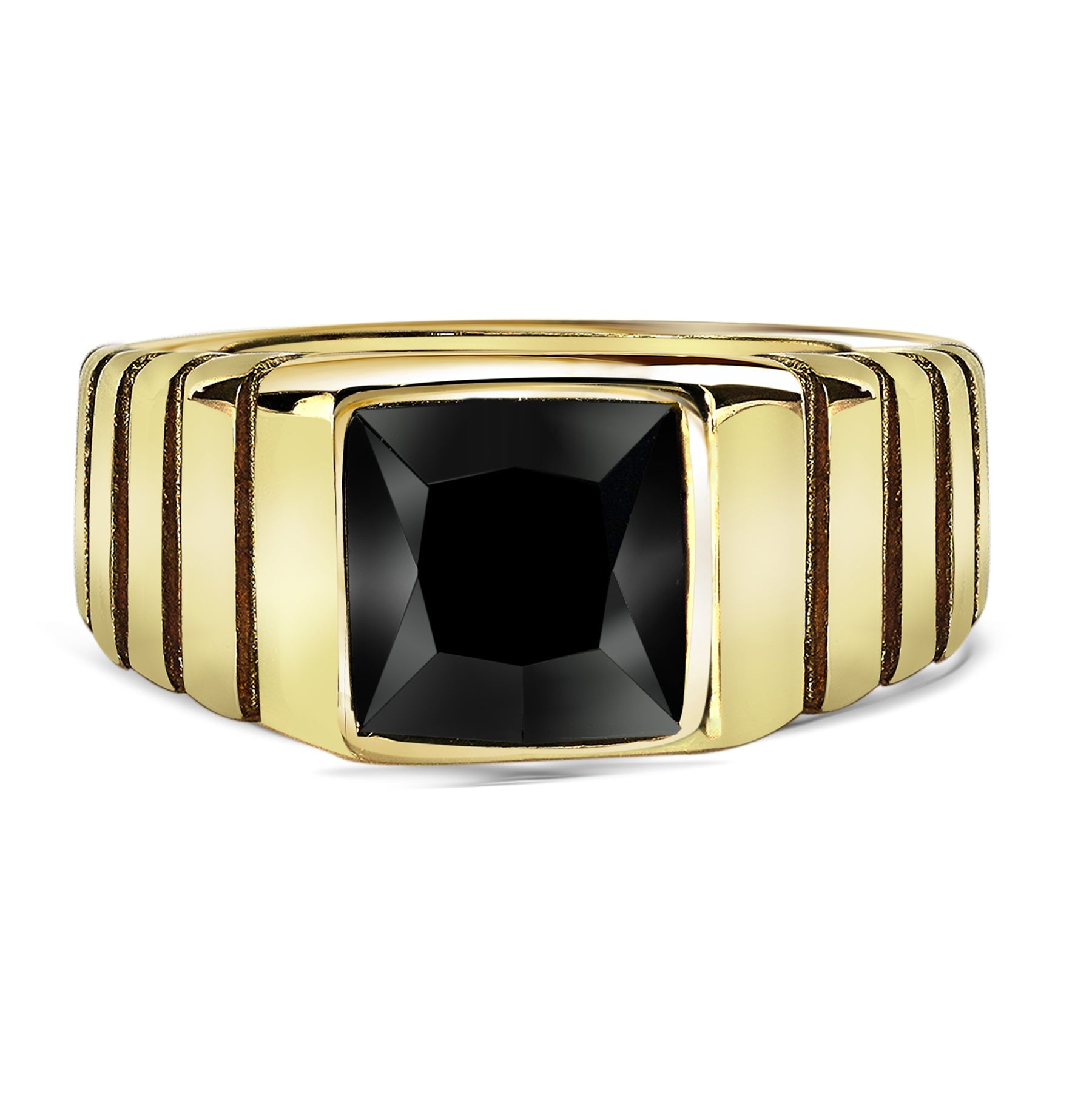 Men's Ring Black Stone Ribbed Shank Ring - Gift for Husband