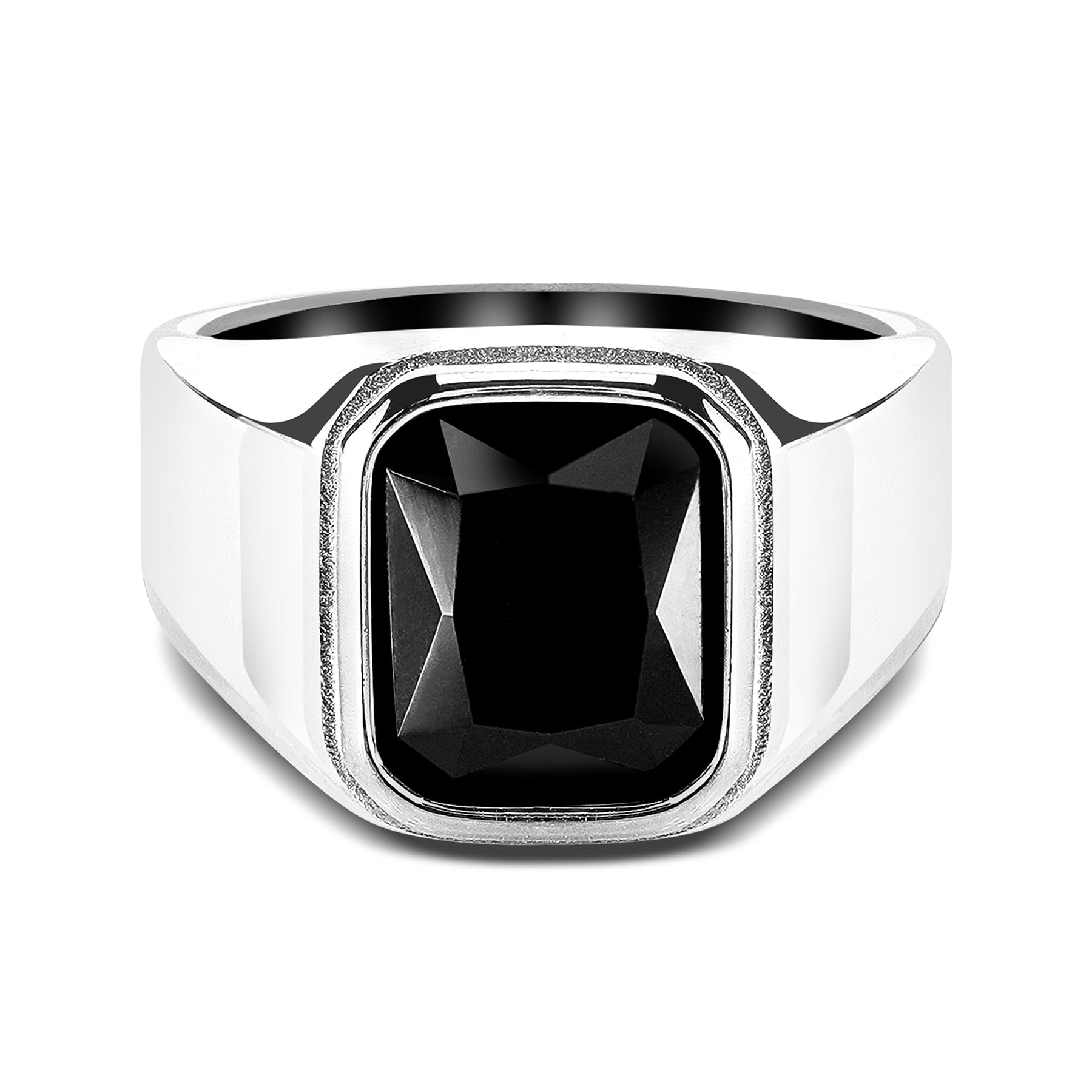 Silver Color Chunky Men's Ring with Black Stone - Bezel - Anniversary Gift