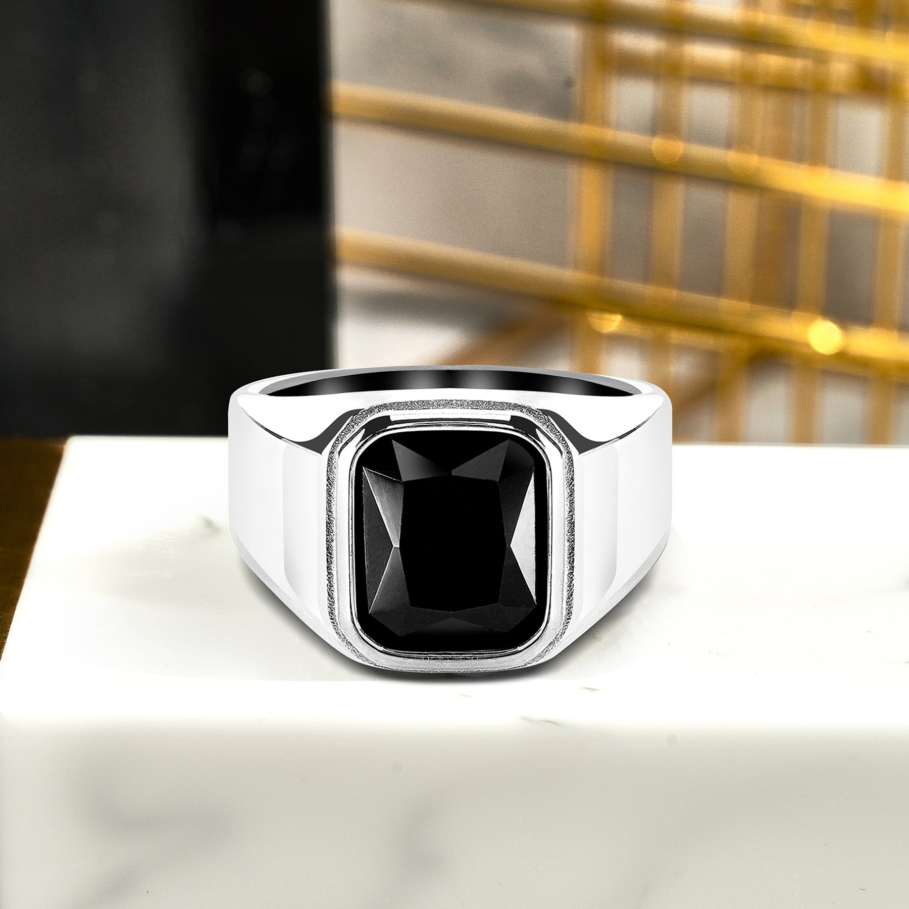 Silver Color Chunky Men's Ring with Black Stone - Bezel - Anniversary Gift