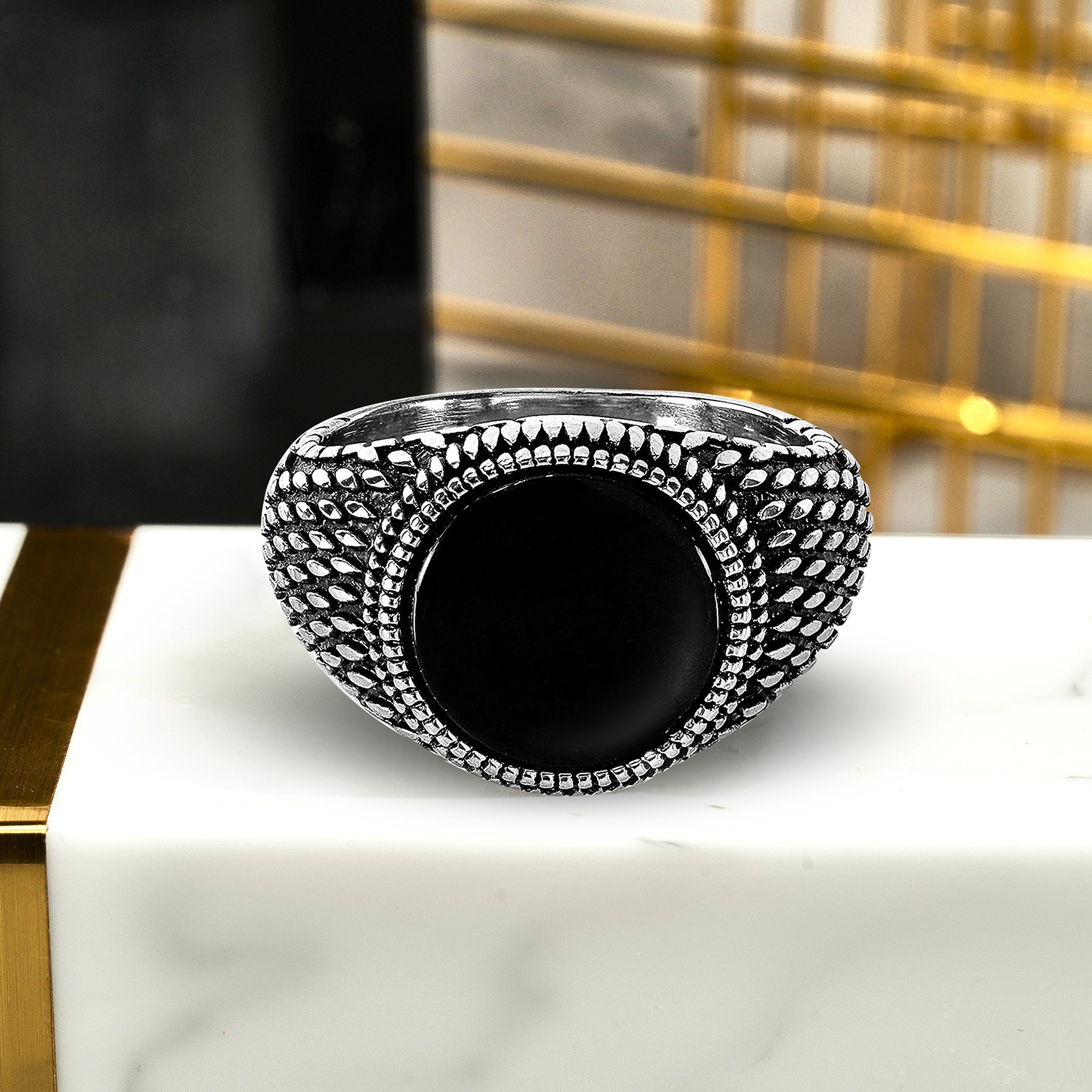 Black Stone Milgrain Signet Ring - Men's Fashion Jewelry - Chunky Ring