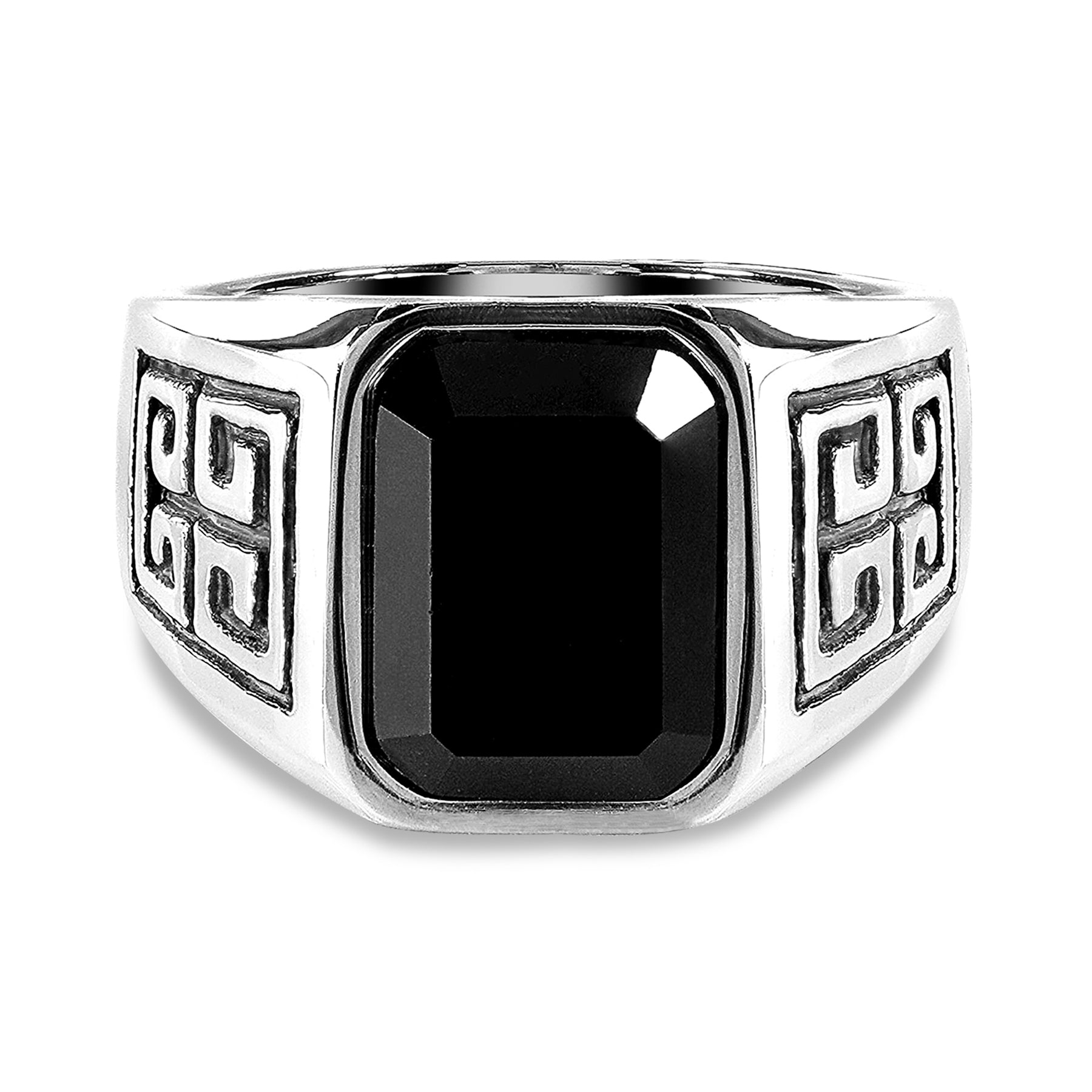 Emerald Cut Black Stone with Greek Key Pattern Maze Ring - Chunky Jewelry