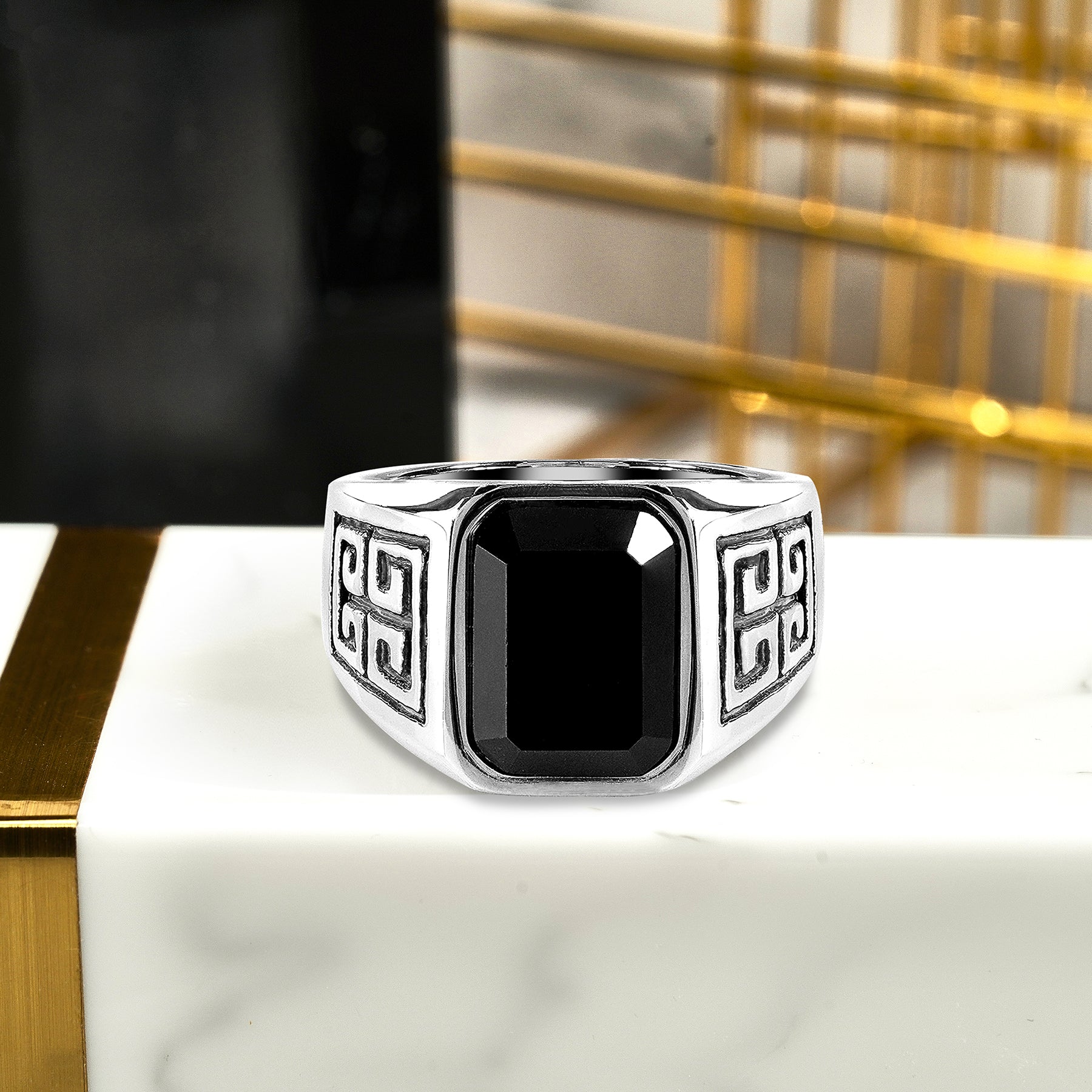 Emerald Cut Black Stone with Greek Key Pattern Maze Ring - Chunky Jewelry