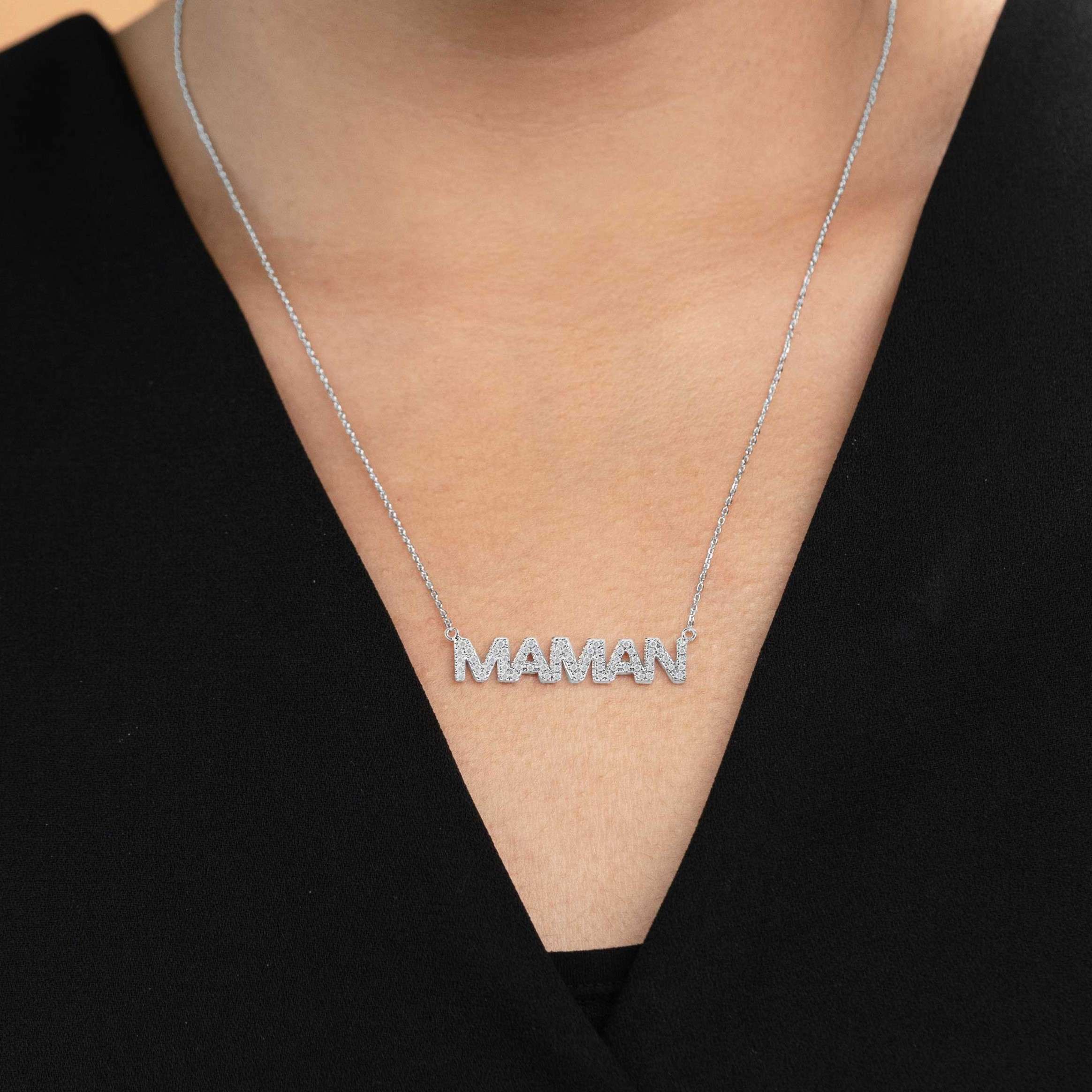 MAMAN Moissanite Pendant Necklace in 18K White Gold over Silver