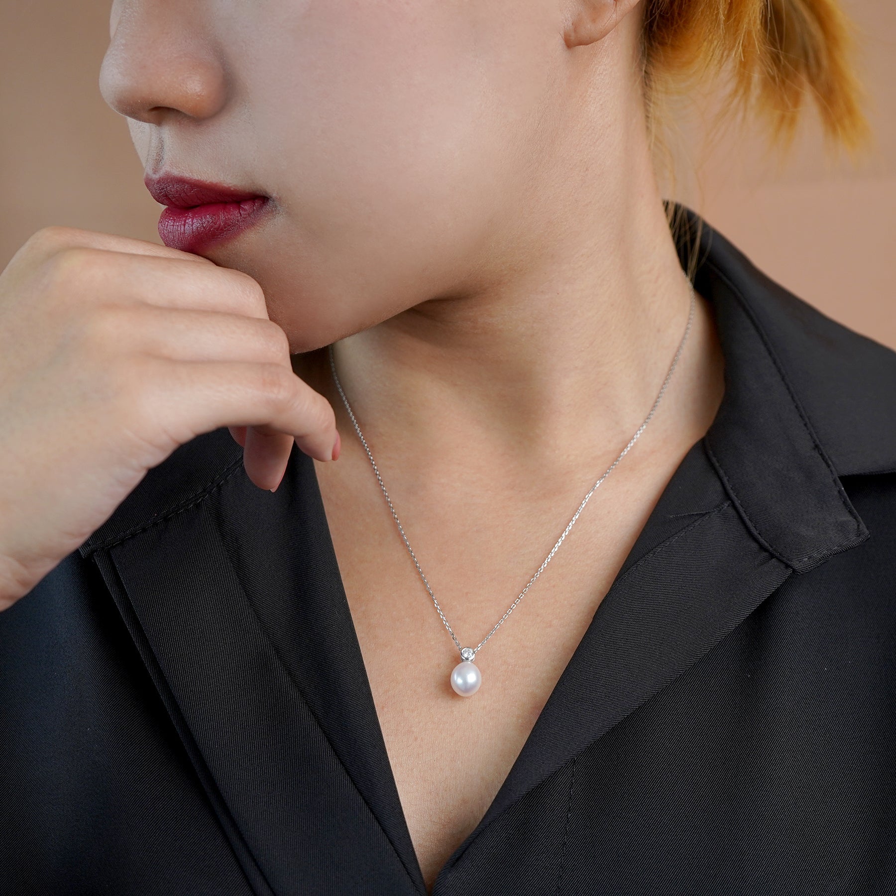 Akoya White Freshwater Pearl and Round Cut Diamond Bezel Setting Pendant Necklace in 18K White Gold over Silver