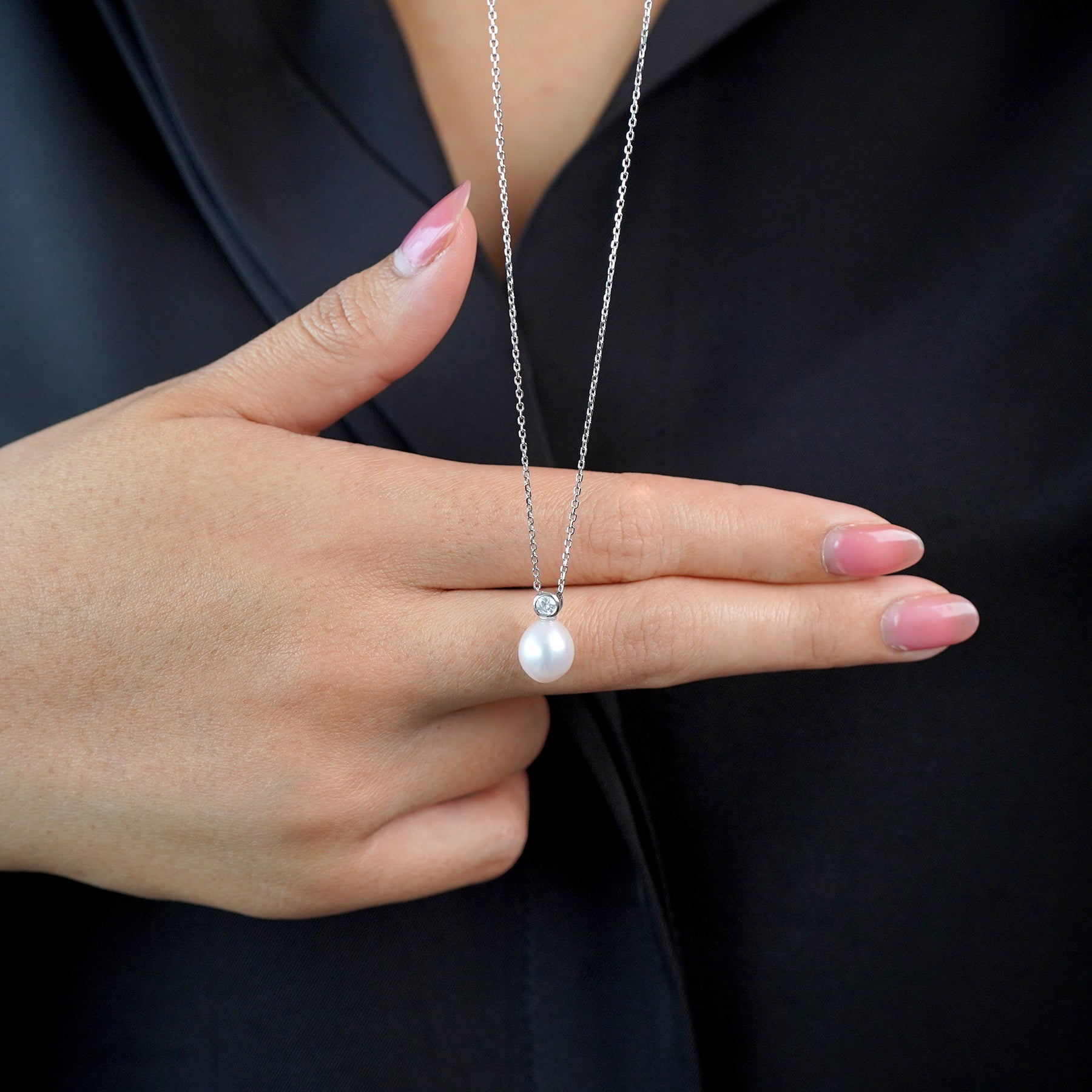 Akoya White Freshwater Pearl and Round Cut Diamond Bezel Setting Pendant Necklace in 18K White Gold over Silver