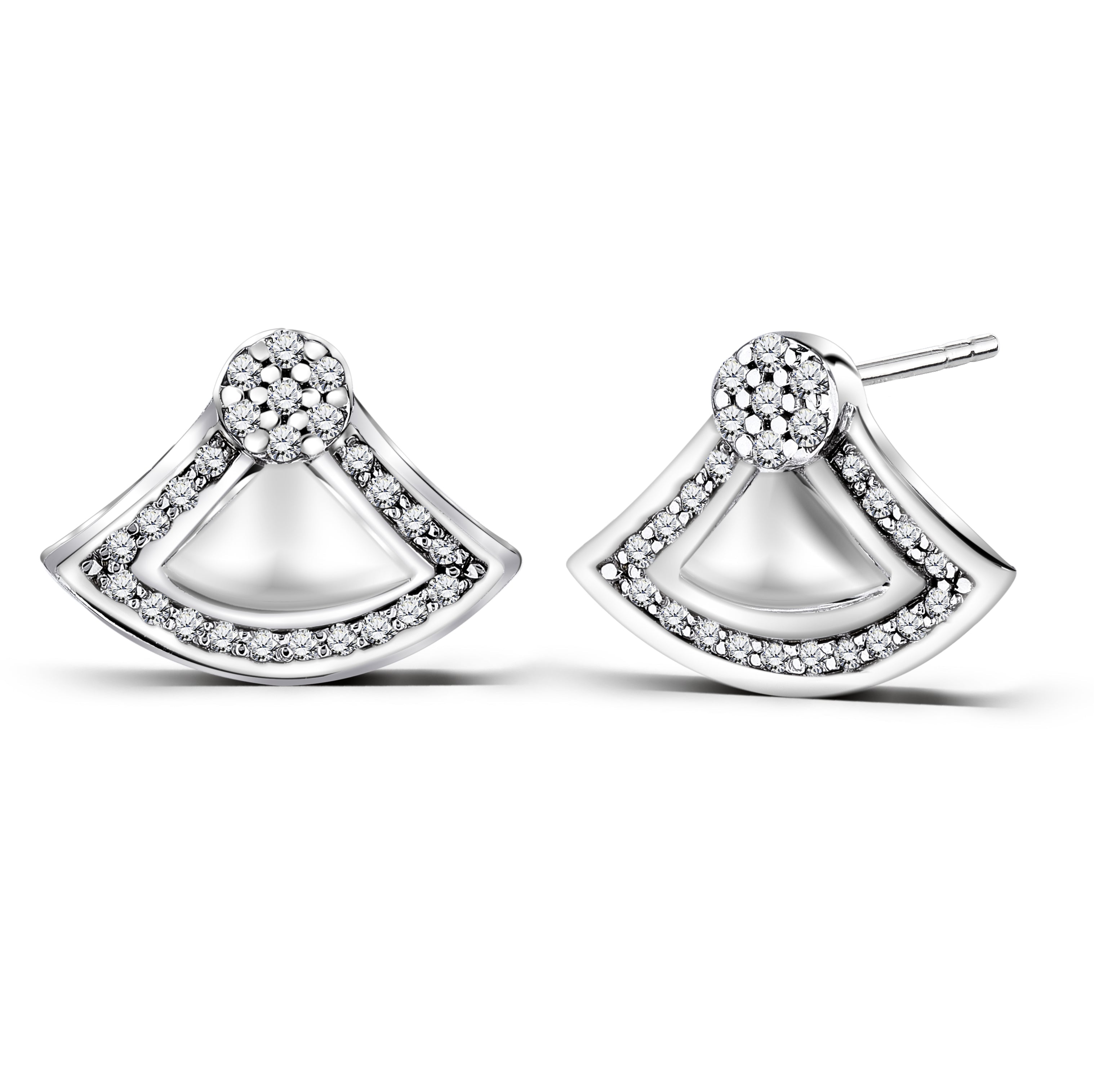 Triangular Fan Shaped Pave Setting Diamond Earrings in 18K White Gold over Silver