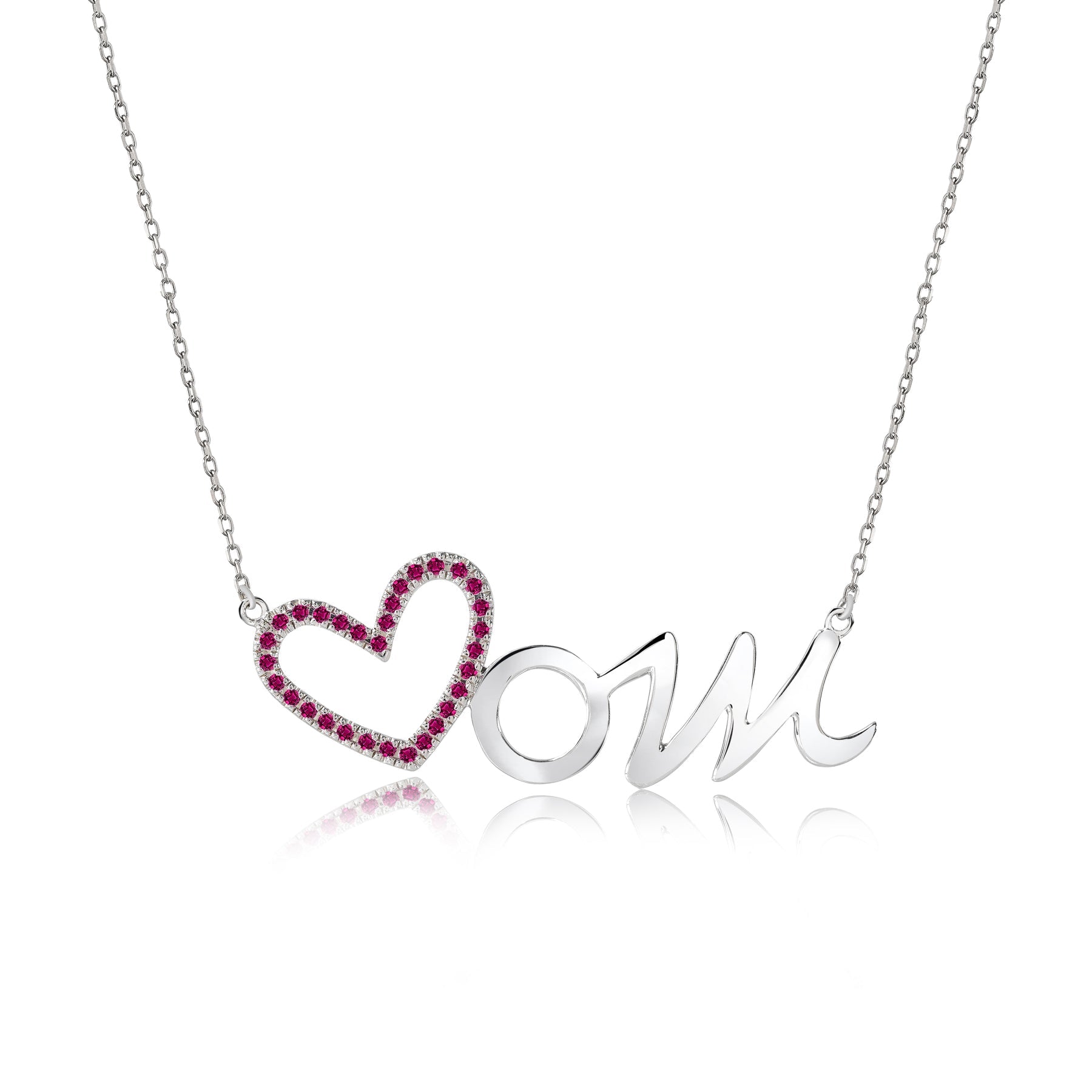 Open Heart Mom with Decorated Strong Strong Red Stone Pendant Necklace in 18K White Gold over Silver - July Birthstone - Gift for Mom