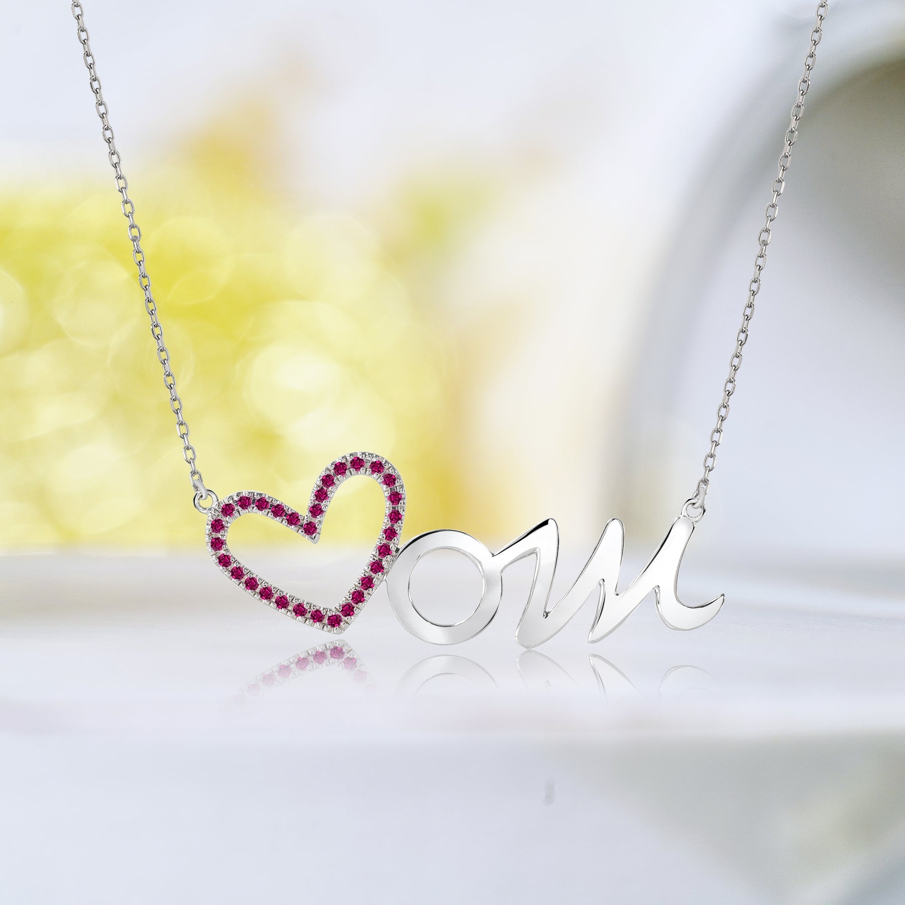 Open Heart Mom with Decorated Strong Strong Red Stone Pendant Necklace in 18K White Gold over Silver - July Birthstone - Gift for Mom