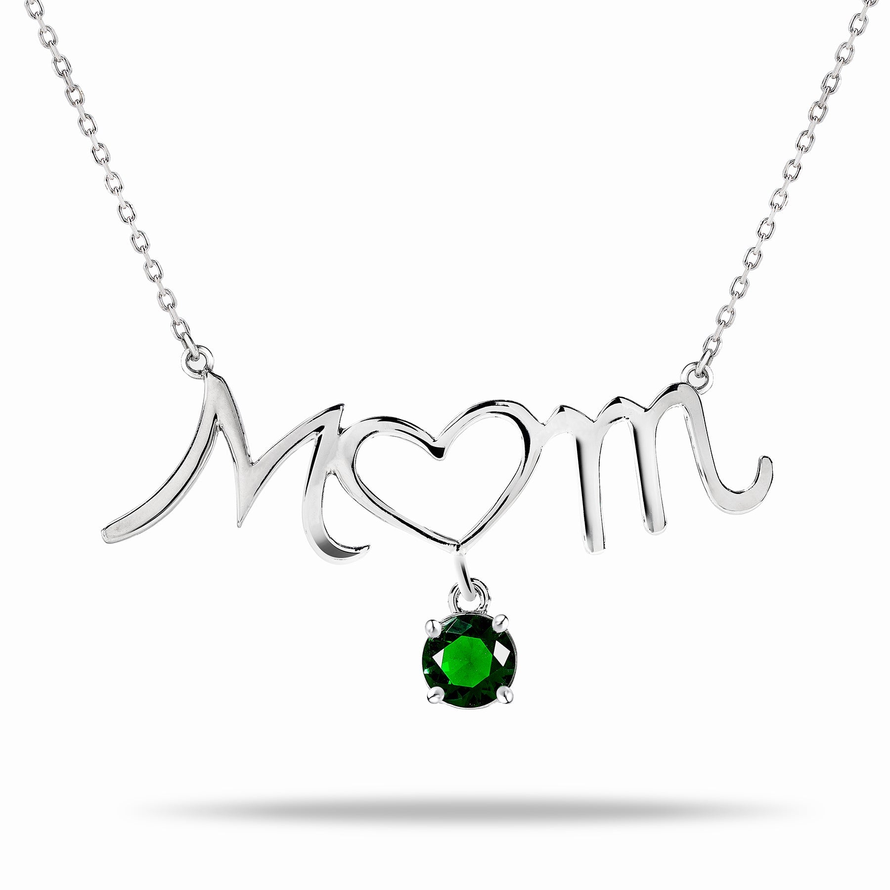 Mom Heart-Shaped O with Hanging Dark Green Stone Pendant Necklace in 18K White Gold over Silver - May Birthstone - Necklace for Mom