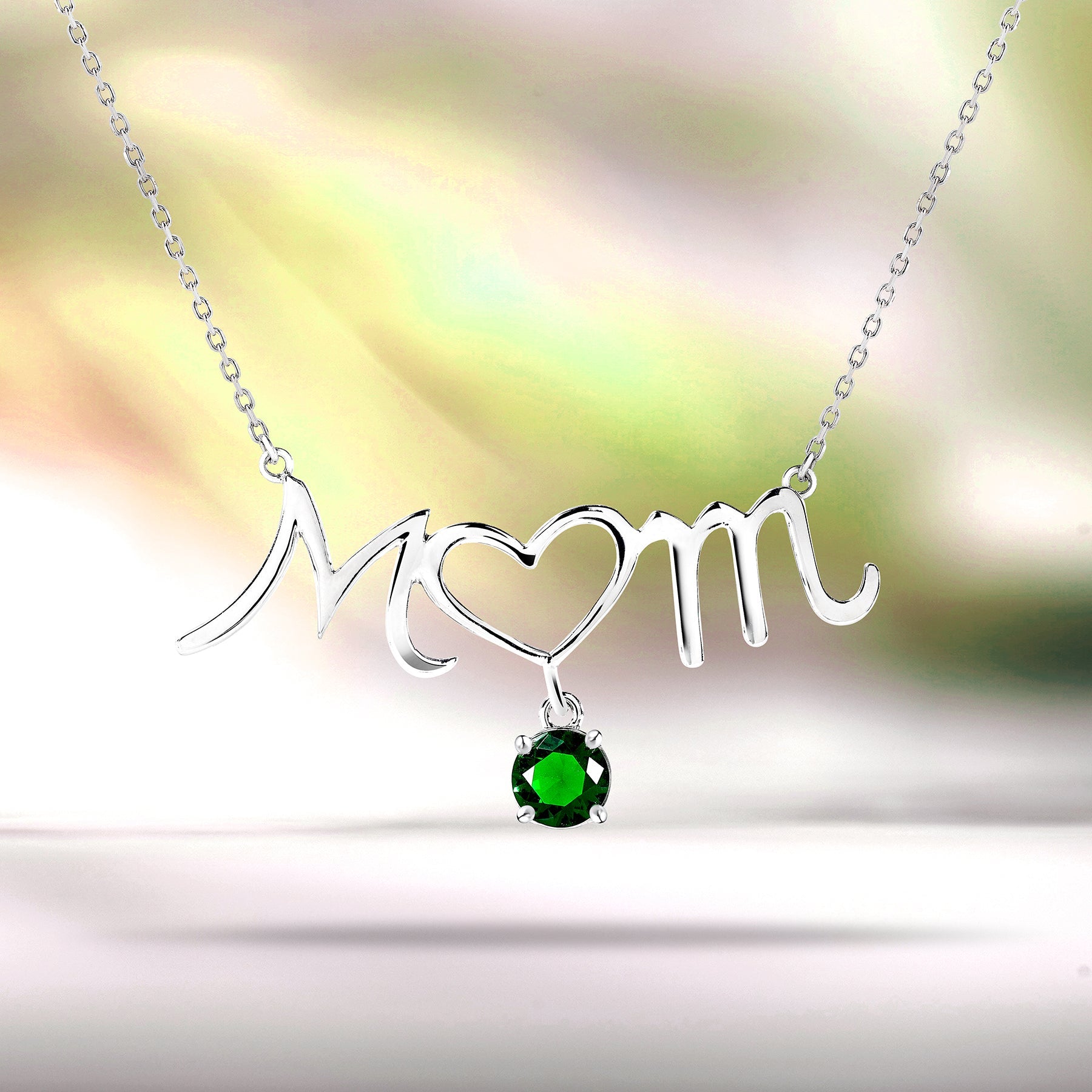 Mom Heart-Shaped O with Hanging Dark Green Stone Pendant Necklace in 18K White Gold over Silver - May Birthstone - Necklace for Mom