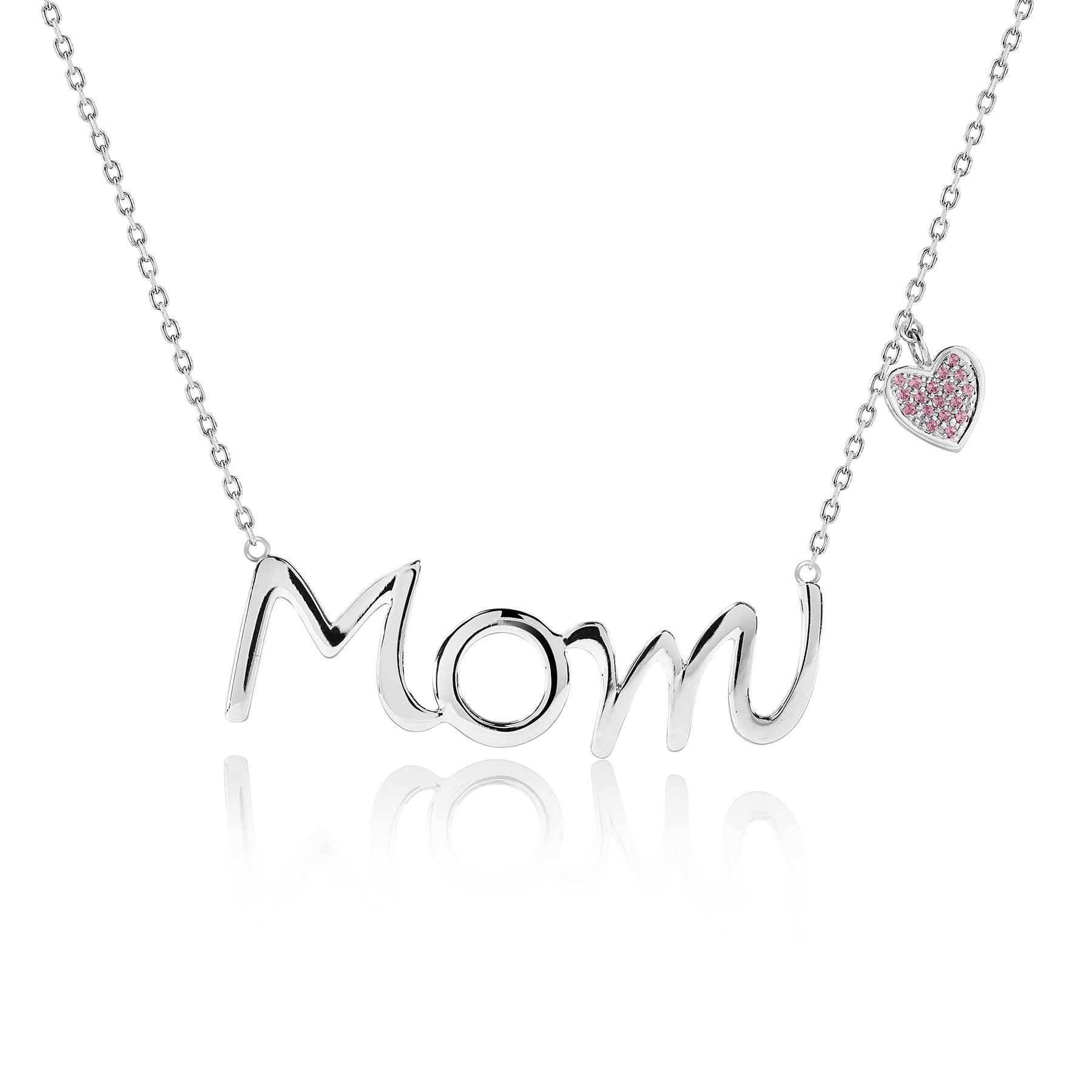 Mom Script Pendant with Pink Stone Decorated Heart Charm Pendant Necklace in 18K White Gold over Silver - October Birthstone