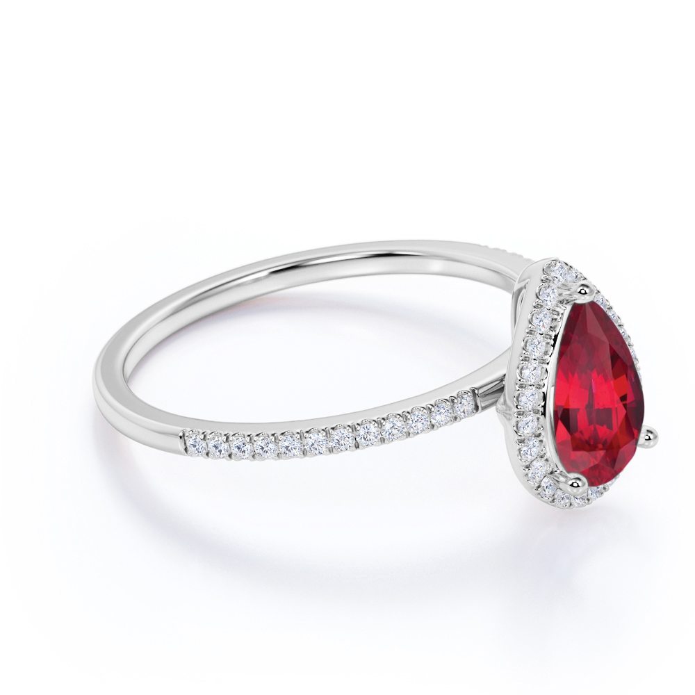 Pave 1.25 Carat Pear Cut Lab-Created Ruby and Diamond Classic Engagement Ring in White Gold