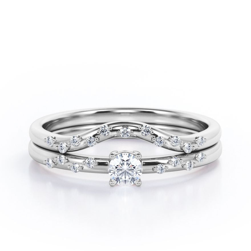 2-Prong Flush - 0.4 TCW Round Brilliant Cut Diamond - Curved Minimalist Wedding Ring Set in White Gold