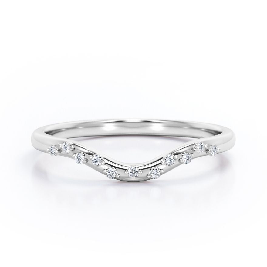 2-Prong Flush - 0.10 TCW Round Brilliant Cut Diamond - Curved Minimalist Wedding Band in White Gold