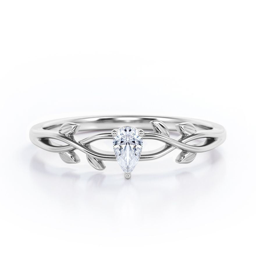 Botanical Design - 0.25 TCW Teardrop Diamond - Solitaire Engagement Ring in White Gold