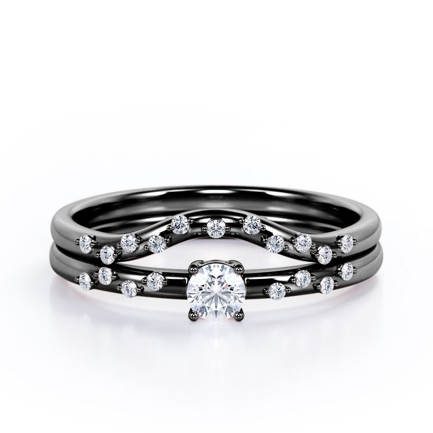 2-Prong Flush - 0.4 TCW Round Brilliant Cut Diamond - Curved Minimalist Wedding Ring Set in White Gold