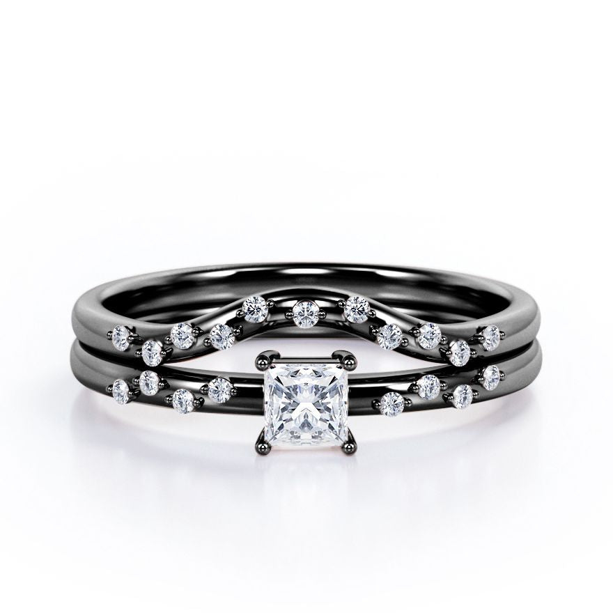 2-Prong Flush - 0.4 TCW Princess Cut Diamond - Curved Minimalist Wedding Ring Set in White Gold