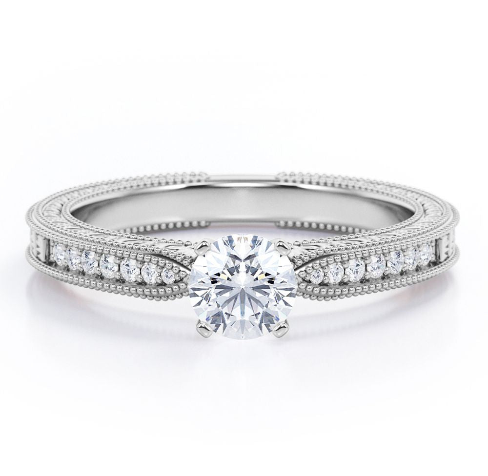 Art Deco Pave Channel 0.35 TCW Round Shaped Diamond Edwardian Style Engagement Ring in 10K White Gold