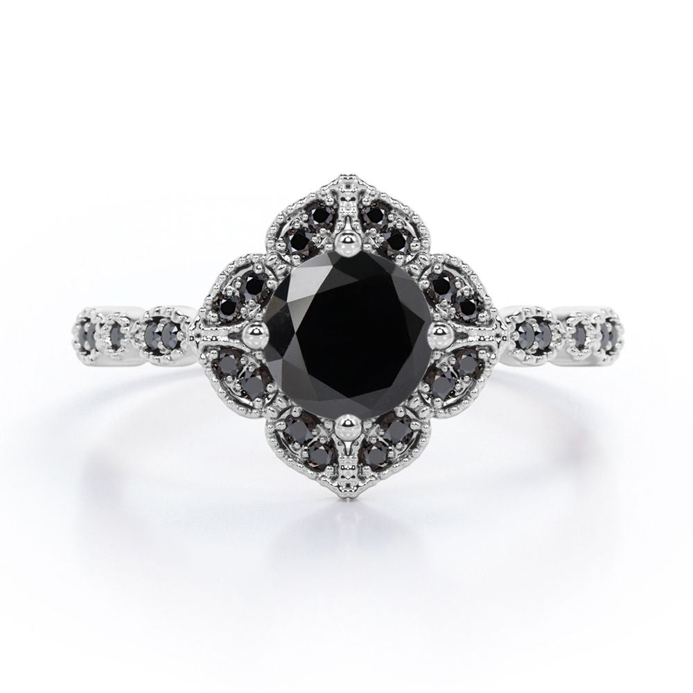 Milgrain Flower Cluster 1.5 TCW Round Brilliant Cut Lab Created Black Diamond Filigree Engagement Ring in White Gold