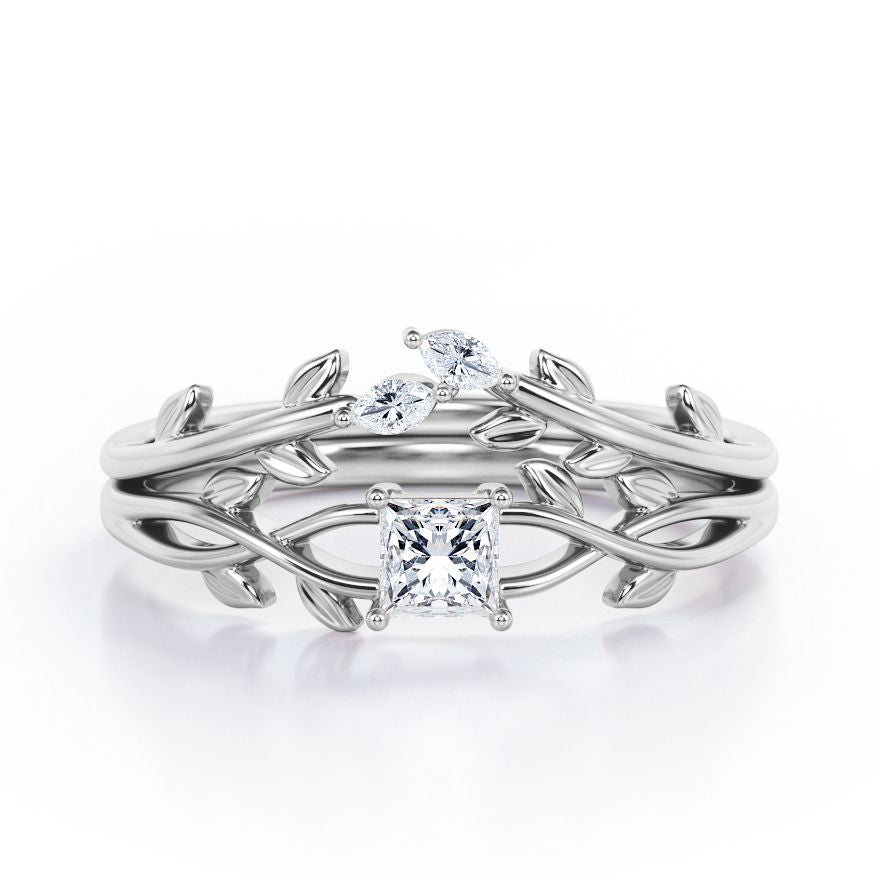 Nature-Inspired 0.35 TCW Princess Cut Diamond Branch Leaves Bridal Ring Set in White Gold