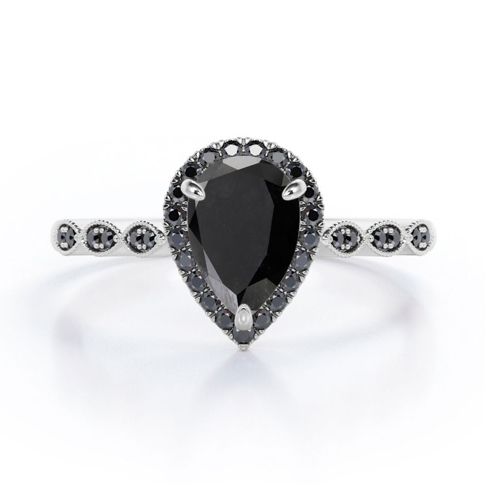 Art-Deco Filigree Milgrain 1.4 TCW Pear Cut Lab Created Black Diamond Halo Design Engagement Ring in White Gold