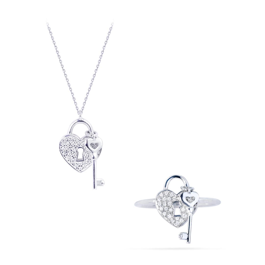 Lock & Key Jewelry Gift Set of 0.20 TCW Heart Cluster Diamond with Ring, Earrings & Pendant