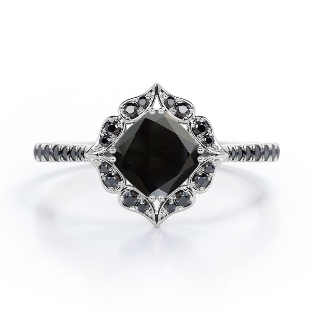 Vintage Filigree Cluster 1.5 TCW Cushion Cut Lab Created Black Diamond Engagement Ring with Pave Accents in White Gold