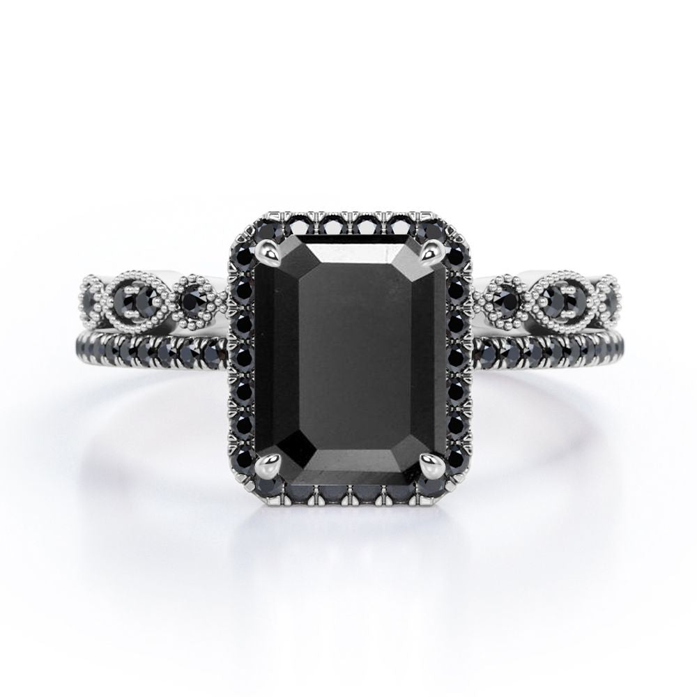 Art Deco Filigree Milgrain 1.65 TCW Emerald Cut Lab Created Black Diamond Halo-Style Wedding Set in White Gold