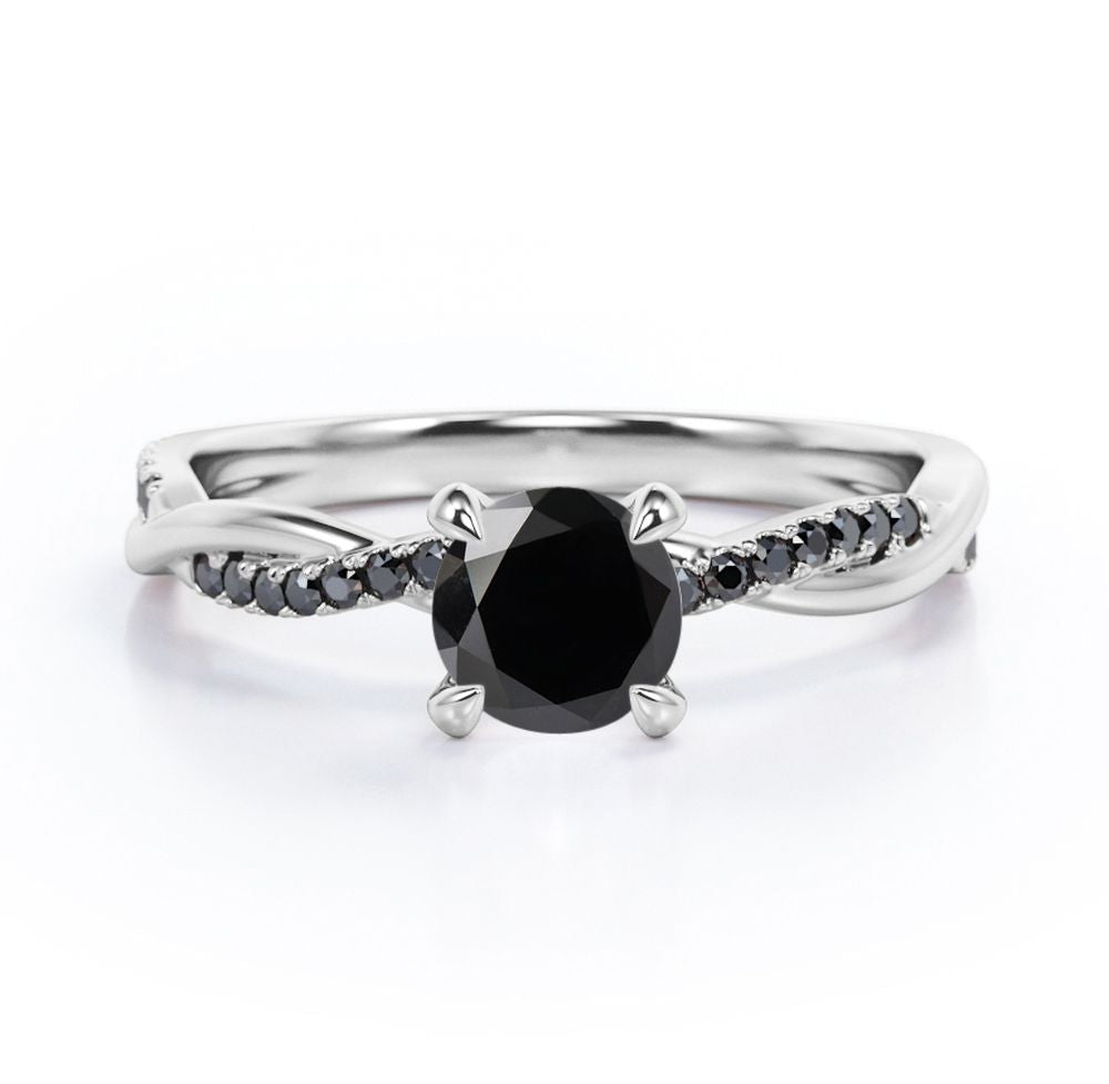 Infinity Twisted Band - 1.25 TCW Round Brilliant Cut Lab Created Black Diamond - Pave Style Engagement Ring in White Gold