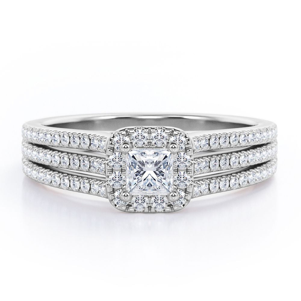 Triple Split-Shanked Pave - 0.55 TCW Princess Cut Diamond - Halo Engagement Ring - 10K White Gold