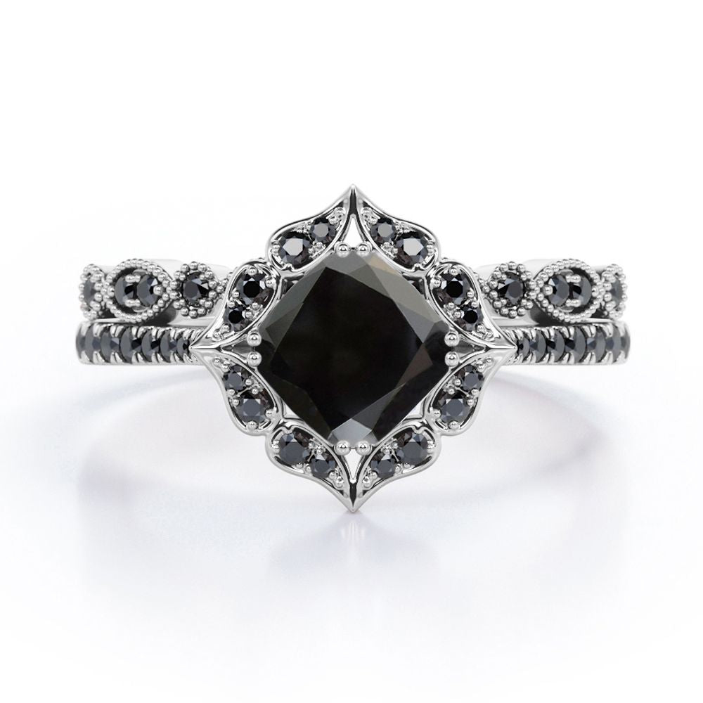 Vintage Filigree Halo - 1.65 TCW Cushion Cut Lab Created Black Diamond - Pave Accented Bridal Ring Set in White Gold