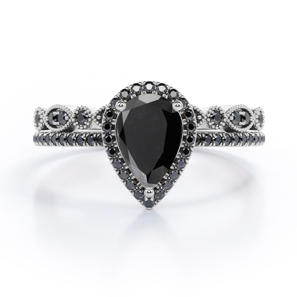 Art-Deco Milgrain Filigree 1.65 TCW Teardrop Lab Created Black Diamond Pave Wedding Ring Set in White Gold