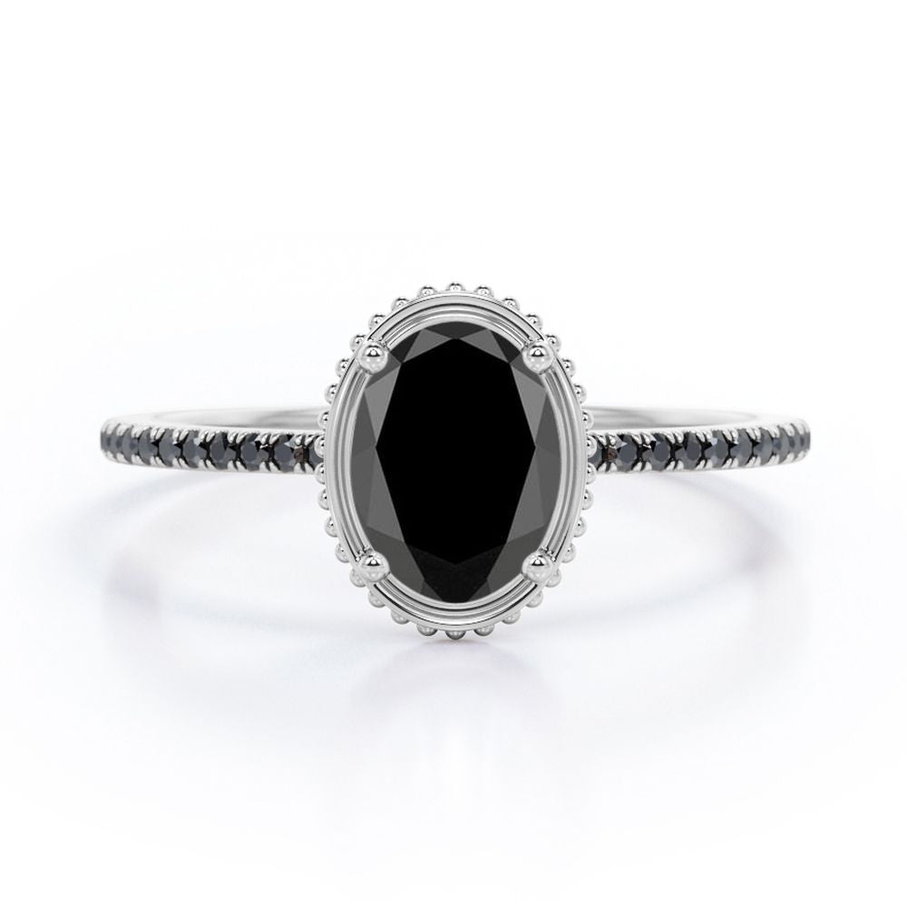 Milgrain Bezel Prong 1.5 TCW Oval Cut Lab Created Black Diamond Pave Style Engagement Ring in White Gold