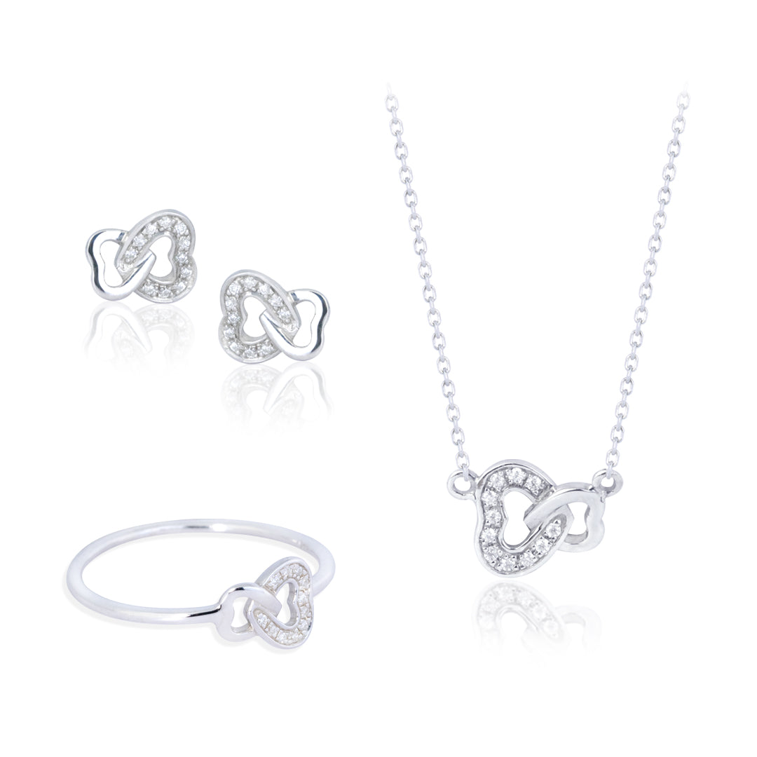 Interlocking Hearts Jewelry Gift Set of 0.10 TCW Halo Diamond with Ring, Earrings & Pendant