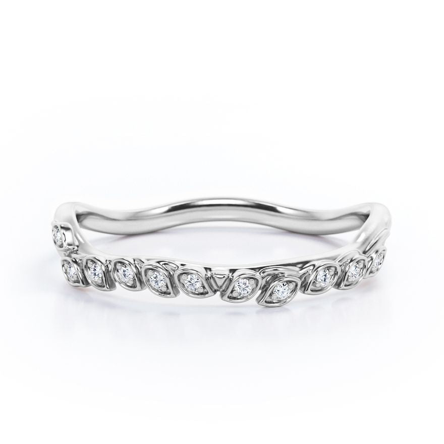 Nature Inspired - 0.15 TCW Round Shaped Diamond - Wiggle Shank Wedding Band in White Gold